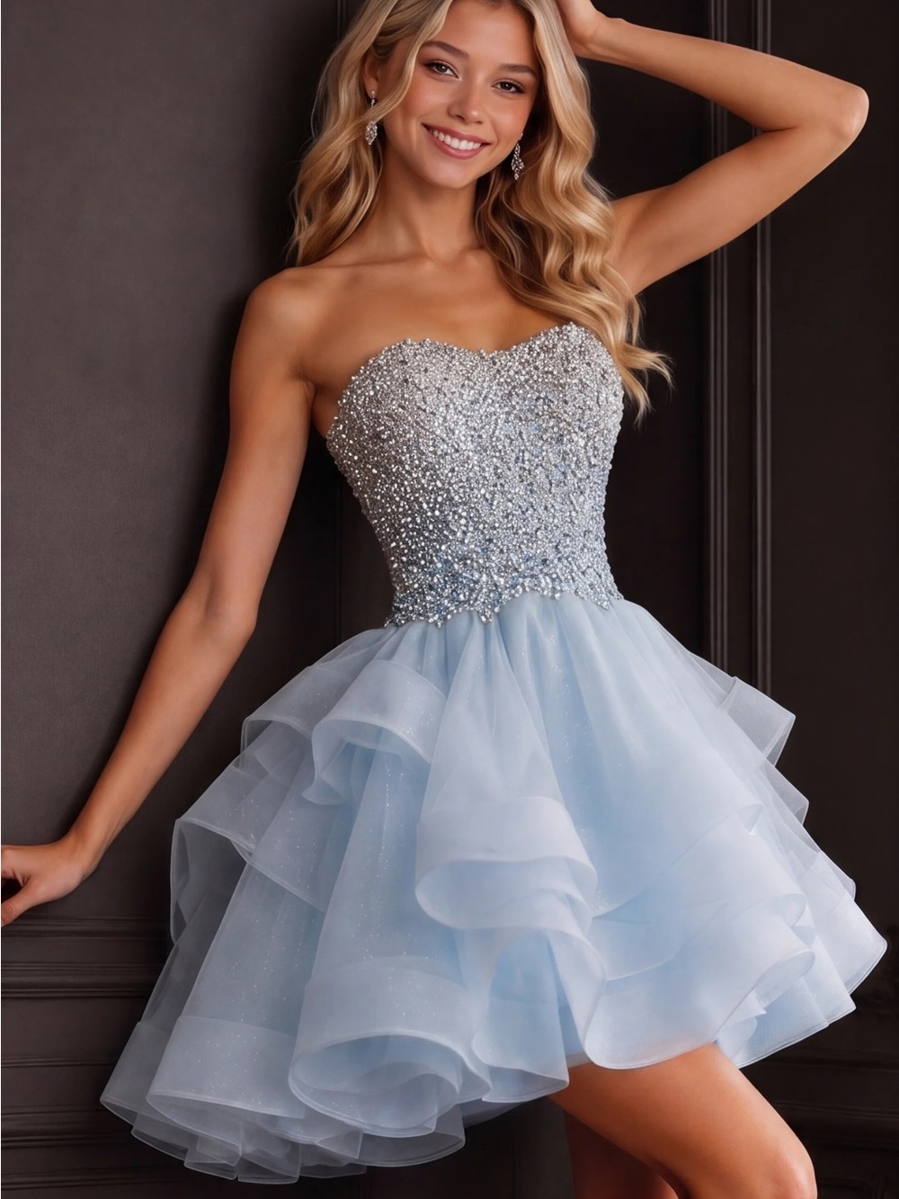 Jovani Light Blue Strapless Beaded Ruffled Party Dress
